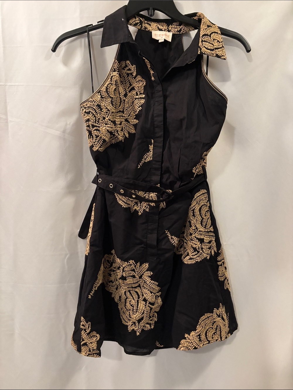CIEBON Embroidered Black Dress with Tan Stitching - size Medium